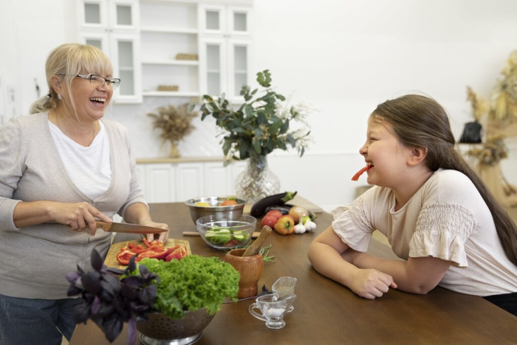 daughter and grand mother are enjoying cooking healthy food for her diabetes types 2