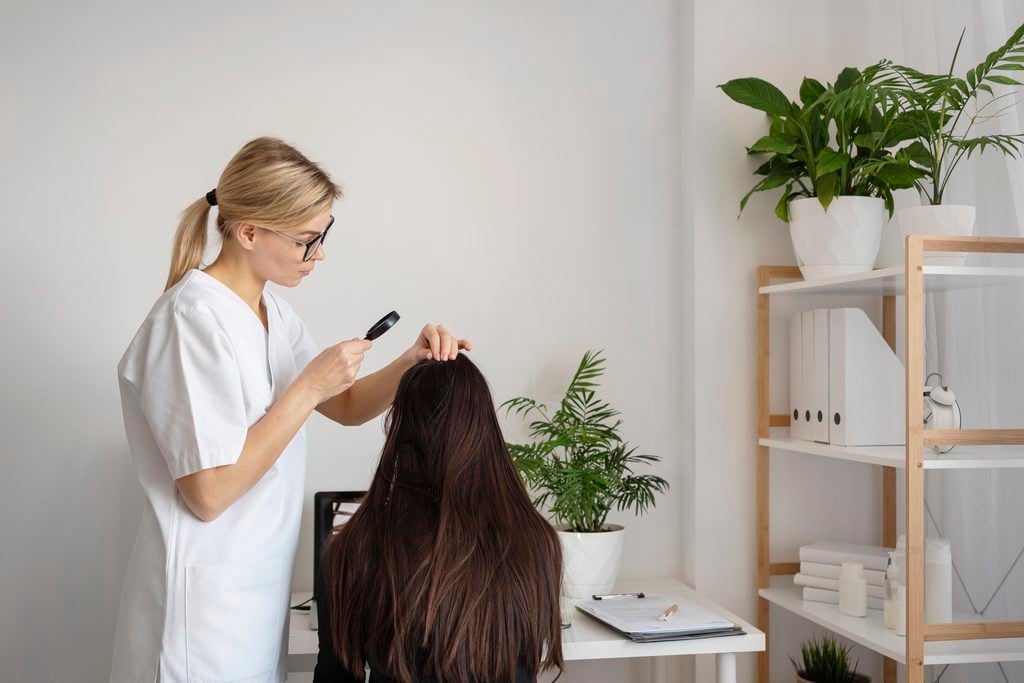 Doctor checking hair thinning at the crown - supplements for hair loss in females can help